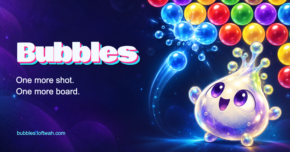 Promotional artwork on the Bubbles site: a glossy, colourful orb in an arcade scene.